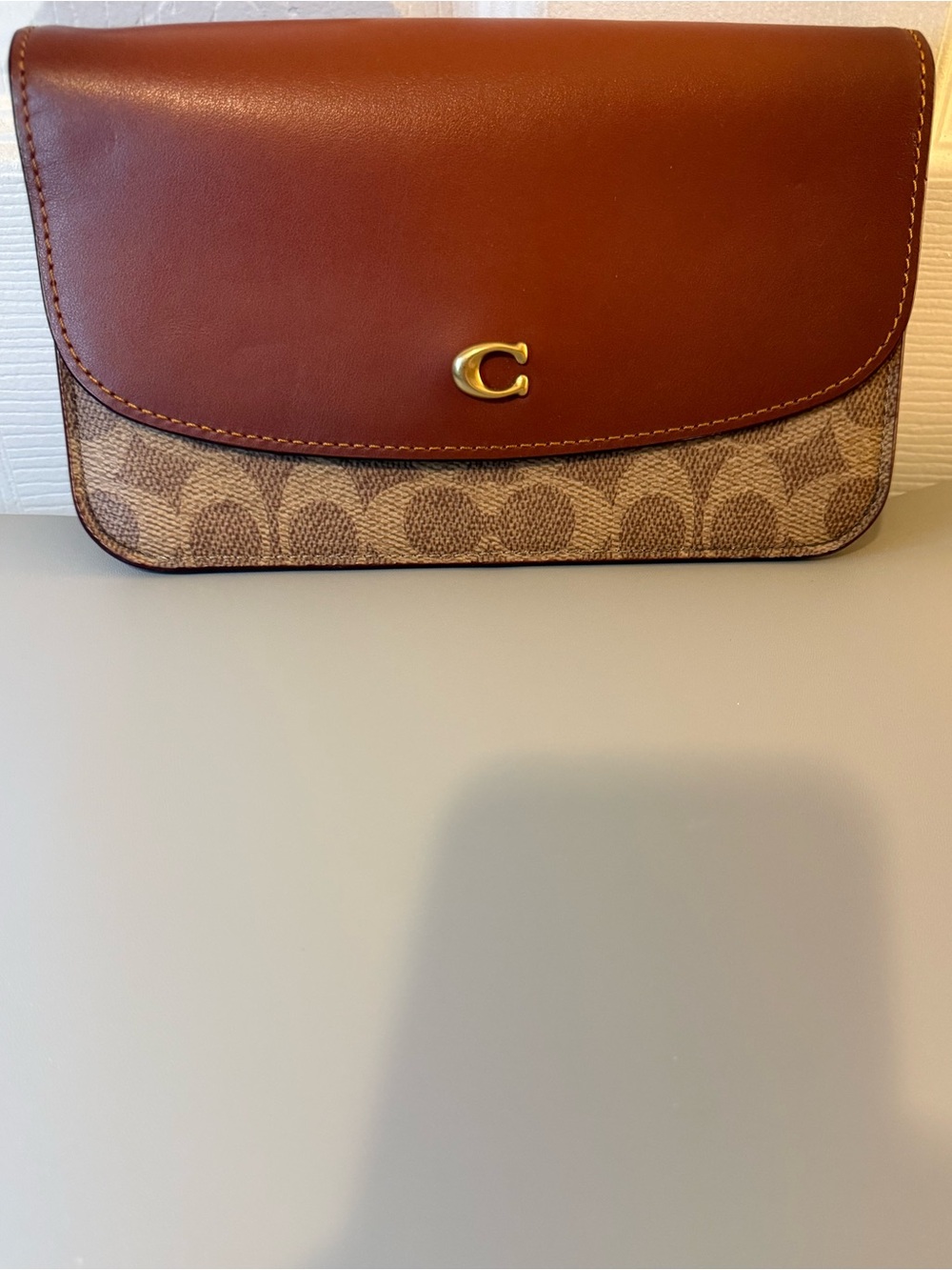 Coach Signature Canvas Brown Leather Flap Wallet Clutch Gold C Logo 💛